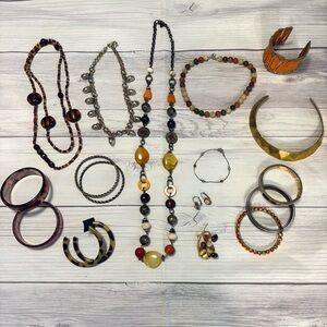 Lot of Warm Tone Fall Jewelry 17 Pieces Necklaces Earrings Bracelets Brooch